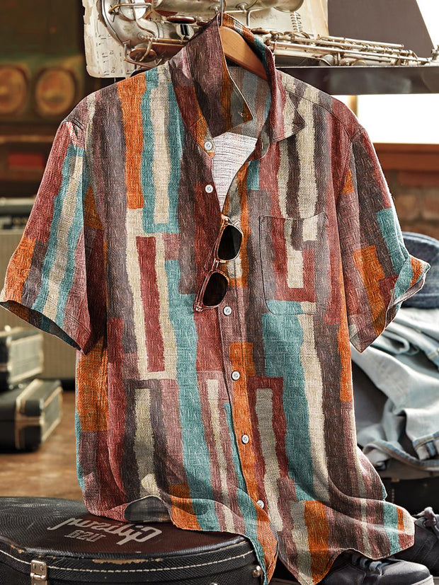 Men's Vintage Colorful Irregular Line Art Print Short Sleeve Pocket Shirt