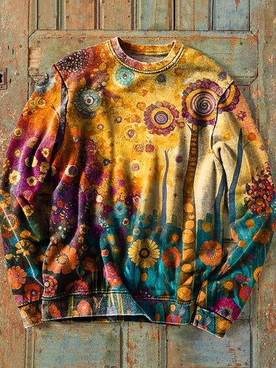 Men's Vintage Abstract Colorful Botanical Art Print Crew Neck Pullover Shirt