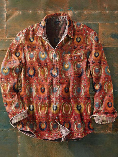 Men's Vintage Western Cowboy Print Casual Lapel Long Sleeve Shirt