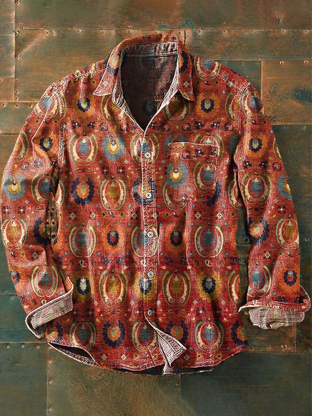 Men's Vintage Western Cowboy Print Casual Lapel Long Sleeve Shirt