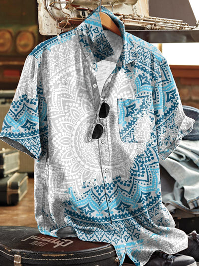 Men's Vintage Gradient Mandala Art Print Short Sleeve Pocket Shirt