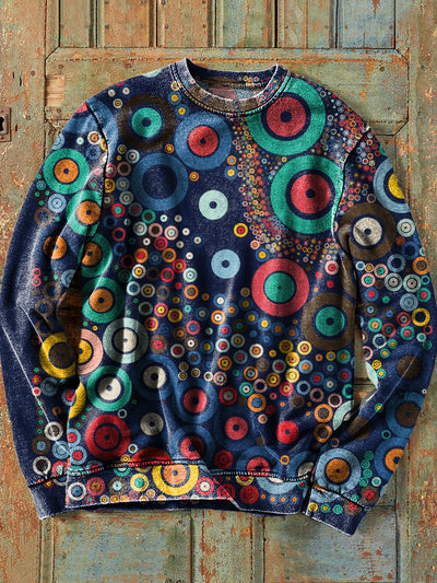 Men's Vintage Colorful Circle Abstract Art Print Crew Neck Pullover Shirt