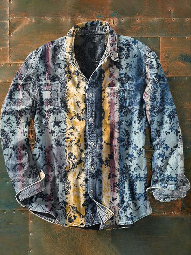 Men's Vintage Western Cowboy Print Casual Lapel Long Sleeve Shirt