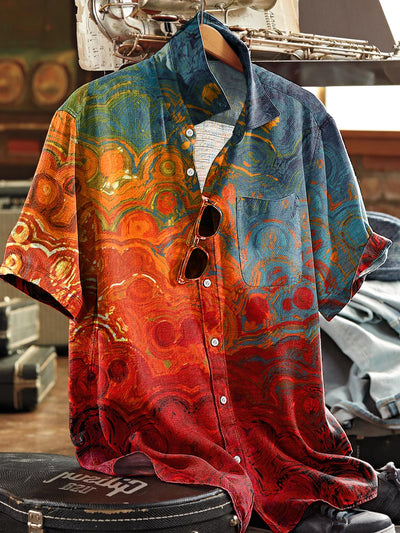 Men's Vintage Multicolor Abstract Wave Art Print Short Sleeve Pocket Shirt