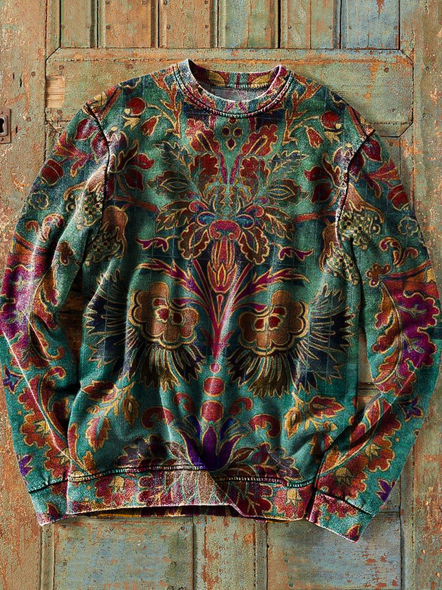 Men's Vintage Ethnic Floral Art Print Crew Neck Pullover Shirt