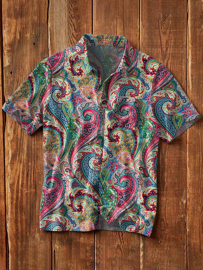 Men's Retro Colorful Cashew Flower Print Casual Lapel Short Sleeve Shirt
