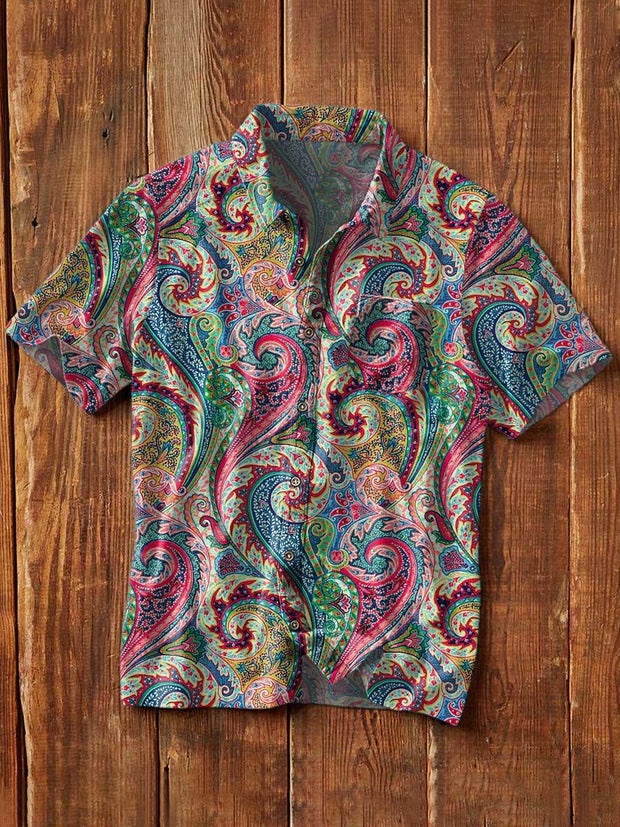 Men's Retro Colorful Cashew Flower Print Casual Lapel Short Sleeve Shirt