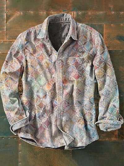 Men's Retro Abstract Print Casual Lapel Long Sleeve Shirt
