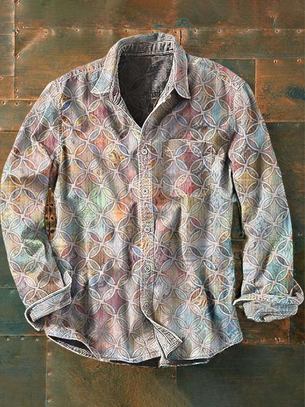 Men's Retro Abstract Print Casual Lapel Long Sleeve Shirt