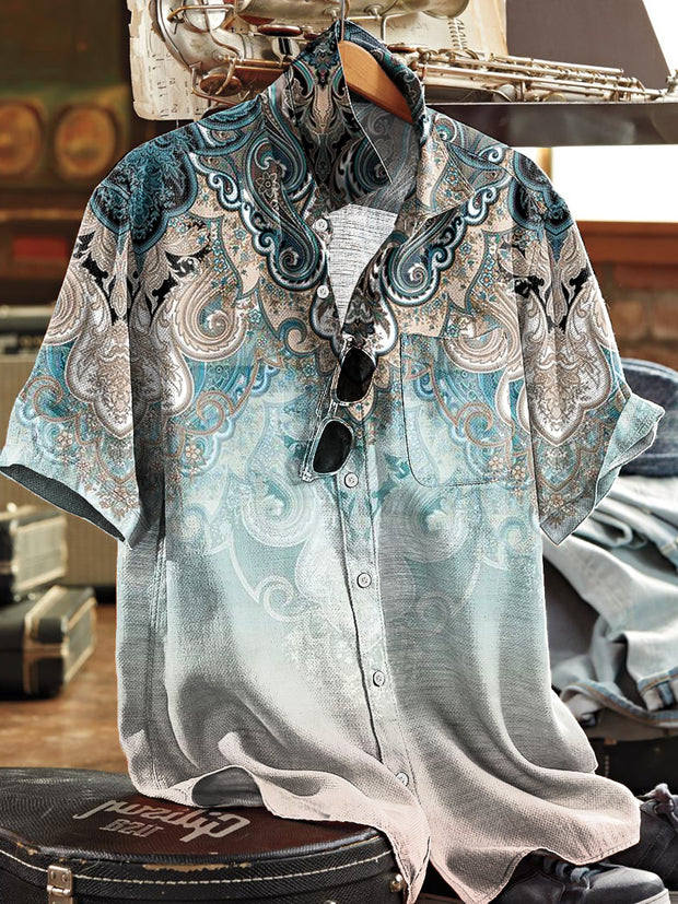 Men's Vintage Western Gradient Floral Art Print Short Sleeve Pocket Shirt