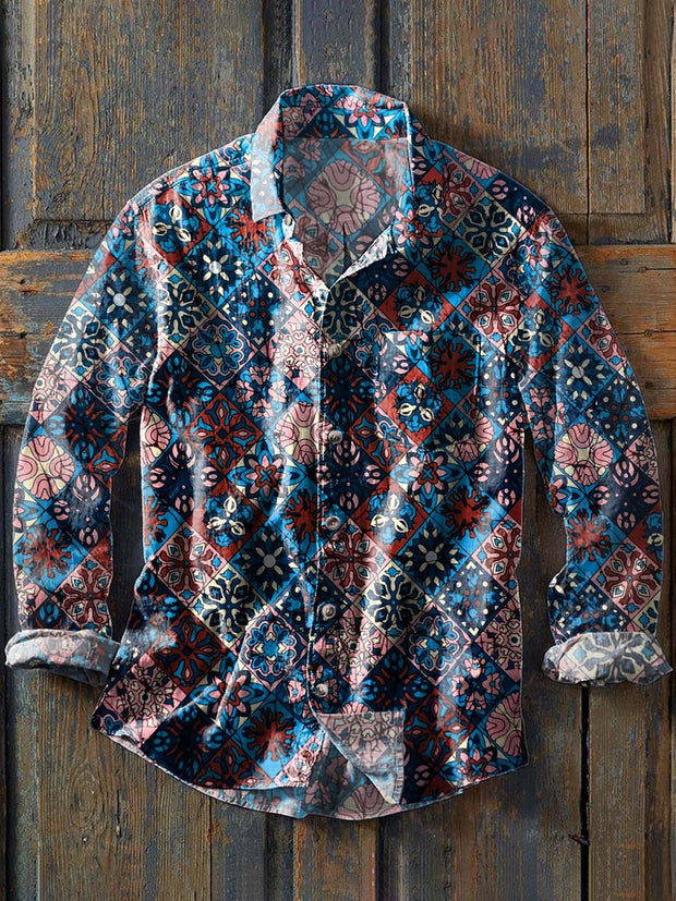 Men's Retro Abstract Print Casual Lapel Long Sleeve Shirt