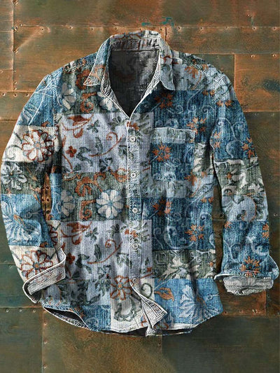 Men's Retro Floral Irregular Print Casual Lapel Long Sleeve Shirt