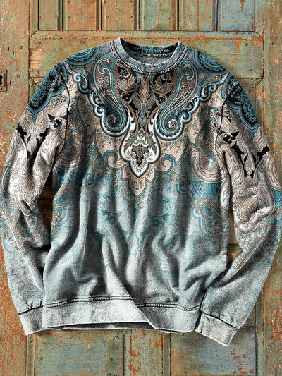 Men's Vintage Western Gradient Floral Art Print Crew Neck Pullover Shirt