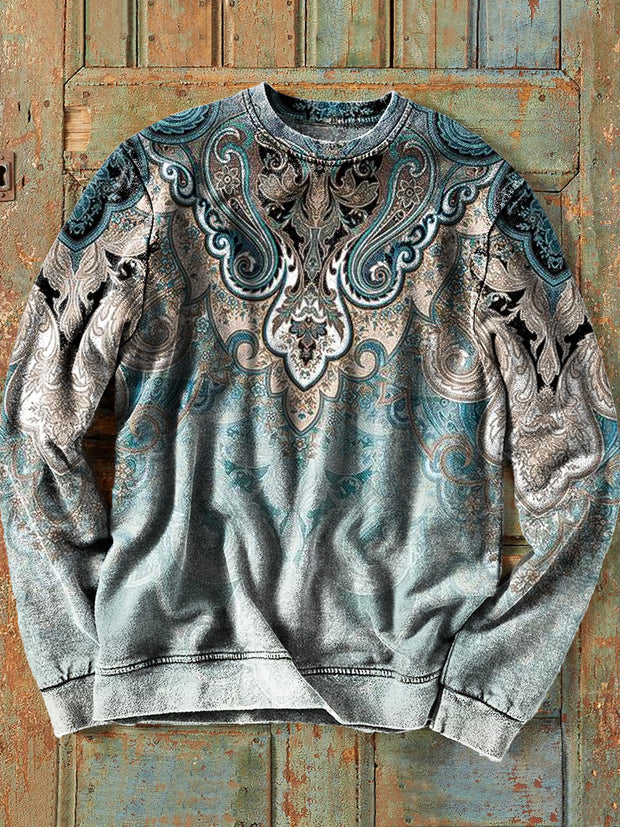 Men's Vintage Western Gradient Floral Art Print Crew Neck Pullover Shirt