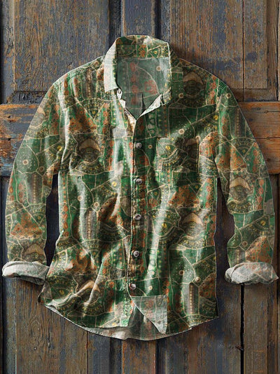 Men's Retro Abstract Print Casual Lapel Long Sleeve Shirt