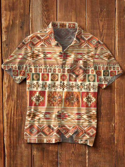 Men's Western Print Casual Lapel Short Sleeve Shirt