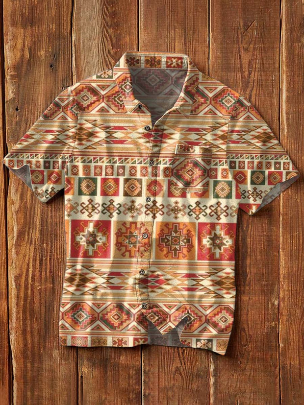 Men's Western Print Casual Lapel Short Sleeve Shirt