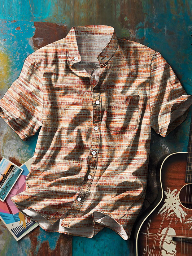 Men's Vintage Abstract Stripe Art Print Stand Collar Short Sleeve Pocket Shirt