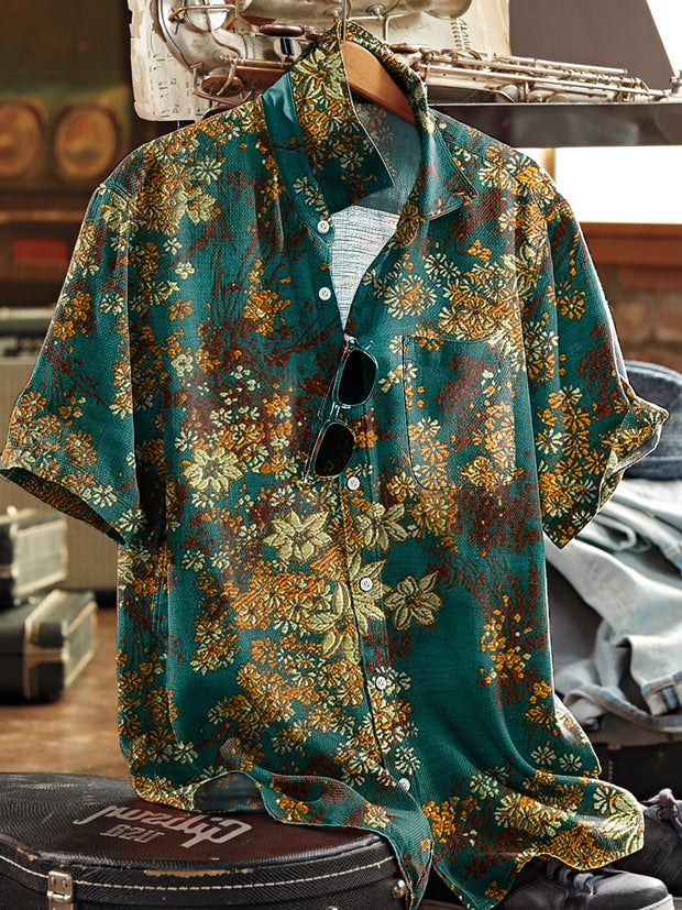 Men's Vintage Floral Art Print Lapel Short Sleeve Pocket Shirt