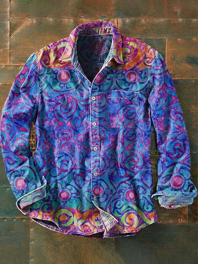 Men's Vintage Ethnic Swirl Circle Print Casual Lapel Long Sleeve Shirt