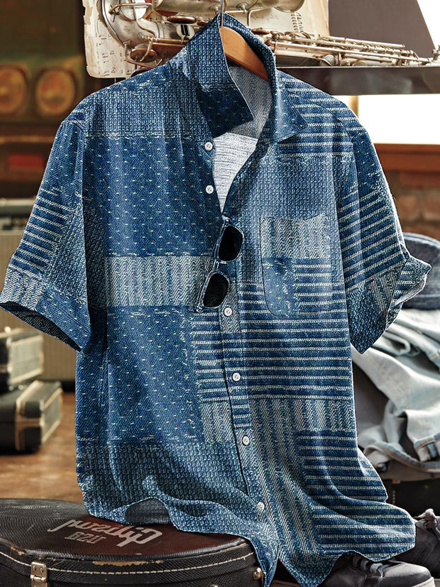 Men's Vintage Geometric Patchwork Art Print Lapel Short Sleeve Pocket Shirt