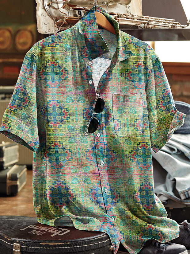 Men's Vintage Gradient Ethnic Floral Art Print Lapel Short Sleeve Pocket Shirt