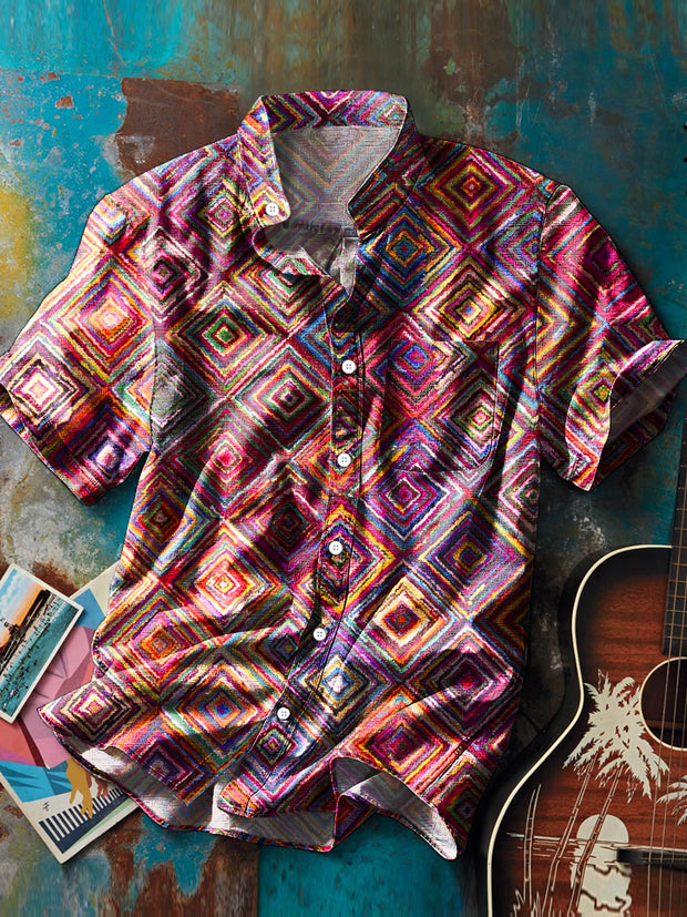 Men's Vintage Color Line Geometric Art Print Stand Collar Short Sleeve Pocket Shirt