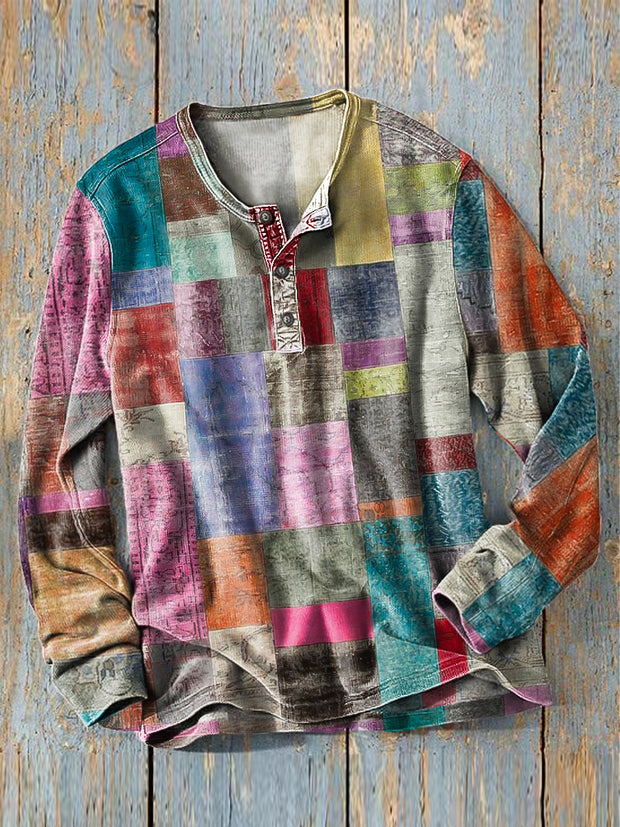 Men's Vintage Multicolor Plaid Art Print Long Sleeve Henley Shirt