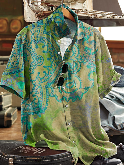 Men's Vintage Gradient Paisley Art Print Lapel Short Sleeve Pocket Shirt
