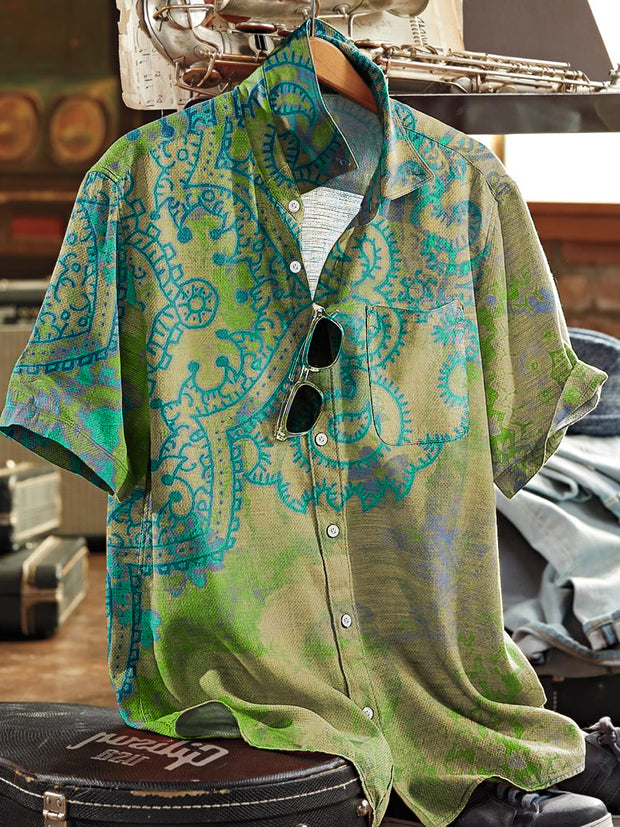 Men's Vintage Gradient Paisley Art Print Lapel Short Sleeve Pocket Shirt