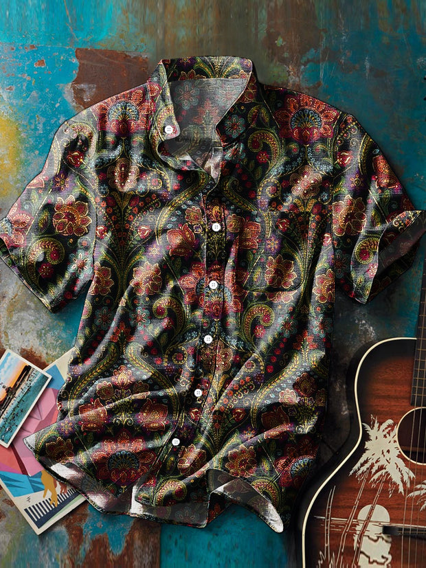Men's Vintage Ethnic Floral Art Print Stand Collar Short Sleeve Pocket Shirt