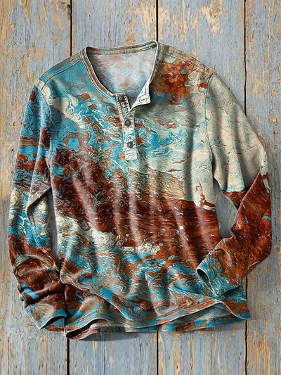 Men's Vintage Multicolor Textured Aged Art Print Long Sleeve Henley Shirt