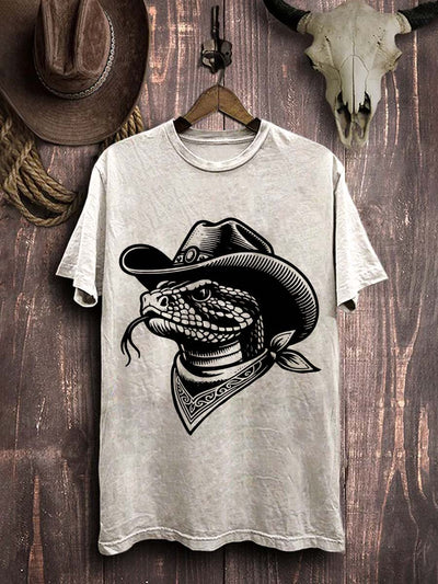 Western Cowboy Snake Print Casual Cotton T-Shirt
