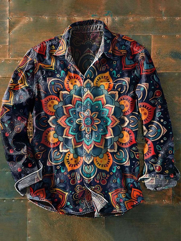 Men's Vintage Mandala Print Casual Lapel Long Sleeve Shirt
