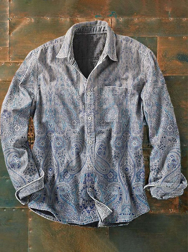 Men's Vintage Gradient Western Style Printed Casual Lapel Long Sleeve Shirt