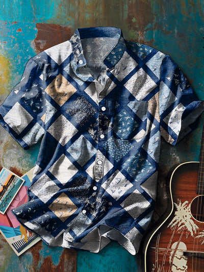Men's Vintage Ethnic Geometric Art Print Stand Collar Short Sleeve Pocket Shirt