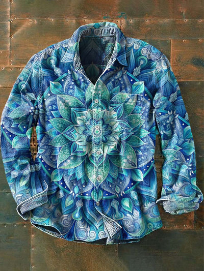 Men's Vintage Mandala Print Casual Lapel Long Sleeve Shirt