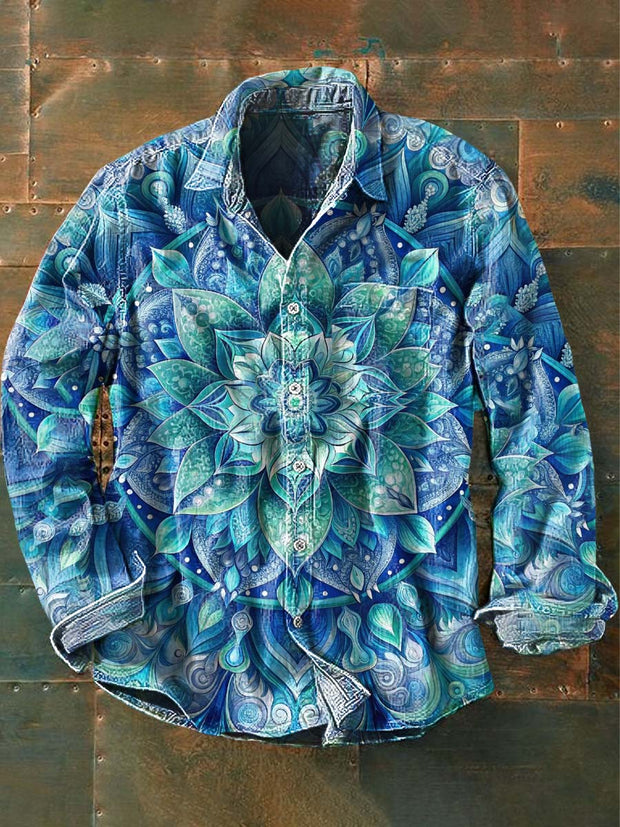 Men's Vintage Mandala Print Casual Lapel Long Sleeve Shirt