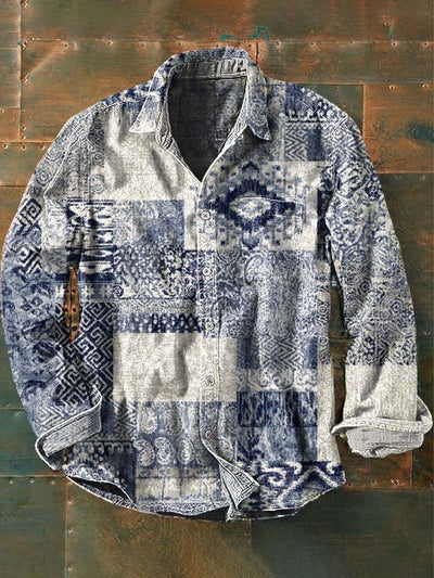 Men's Vintage Western Style Printed Casual Lapel Long Sleeve Shirt