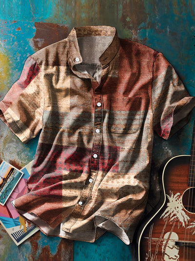Men's Vintage Abstract Geometric Art Print Stand Collar Short Sleeve Pocket Shirt