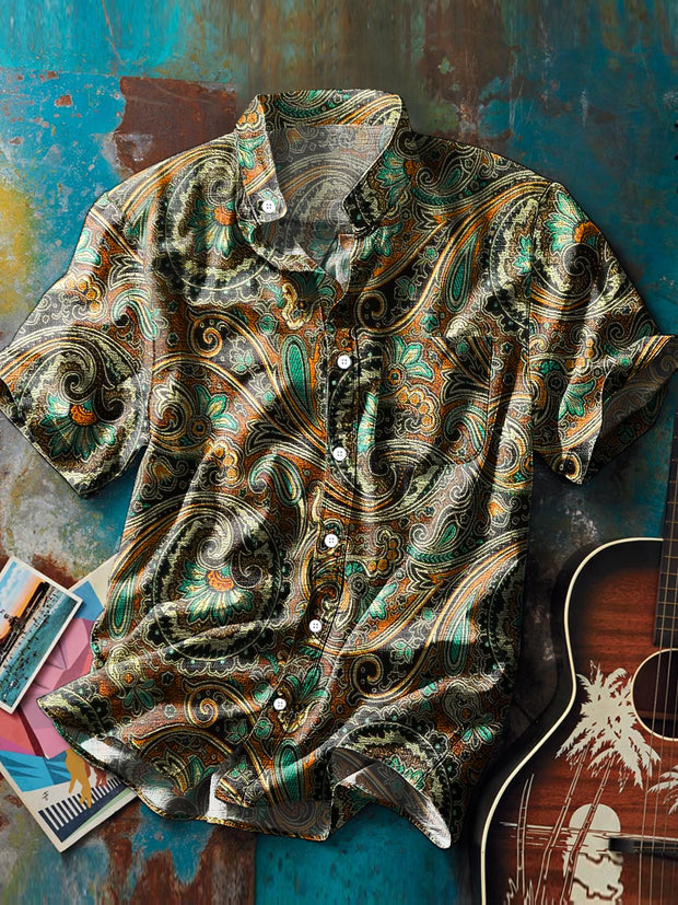 Men's Vintage Floral Art Print Stand Collar Short Sleeve Pocket Shirt