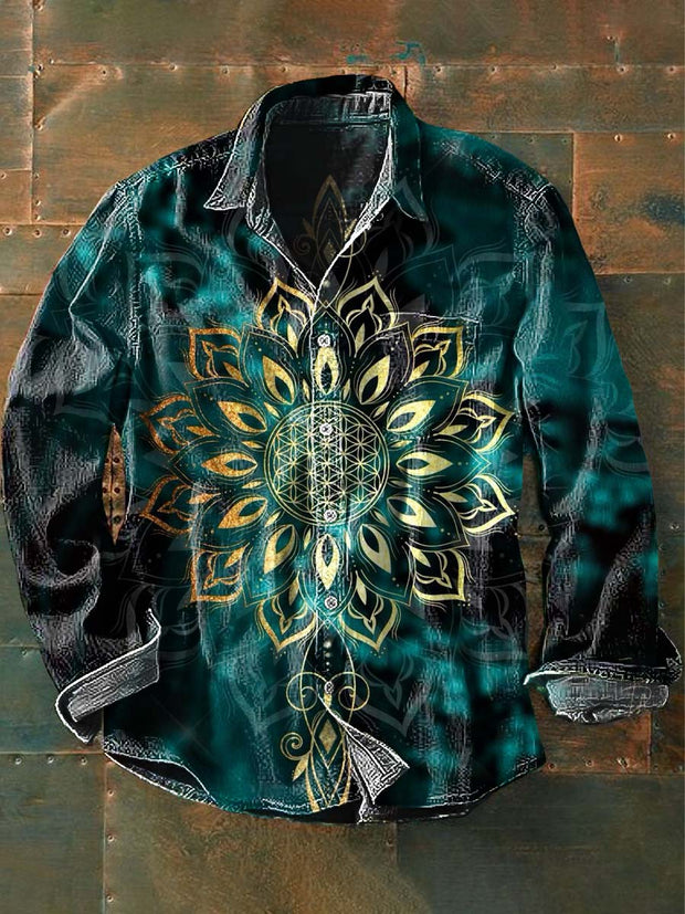 Men's Vintage Mandala Print Casual Lapel Long Sleeve Shirt