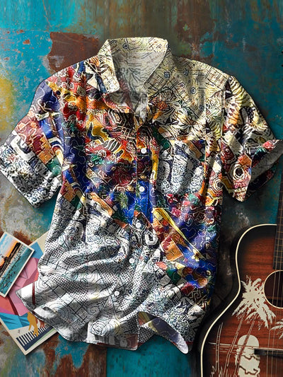 Men's Vintage Gradient Geometric Art Print Stand Collar Short Sleeve Pocket Shirt