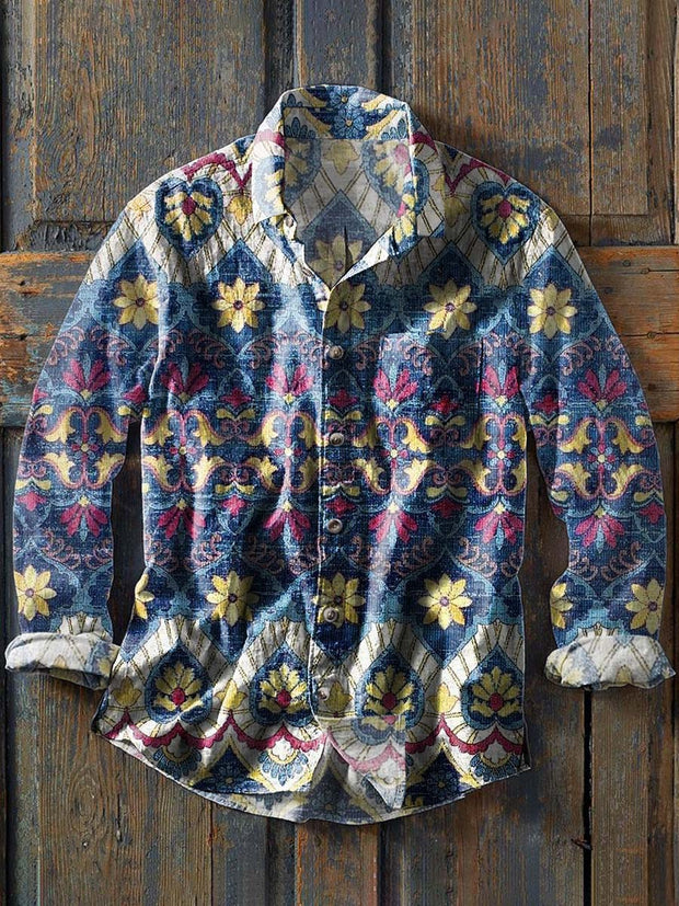 Men's Vintage Flower Western Pattern Printed Casual Lapel Long Sleeve Shirt