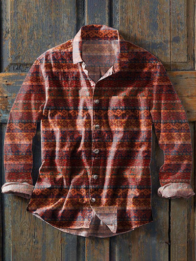 Men's Vintage Flower Western Pattern Printed Casual Lapel Long Sleeve Shirt