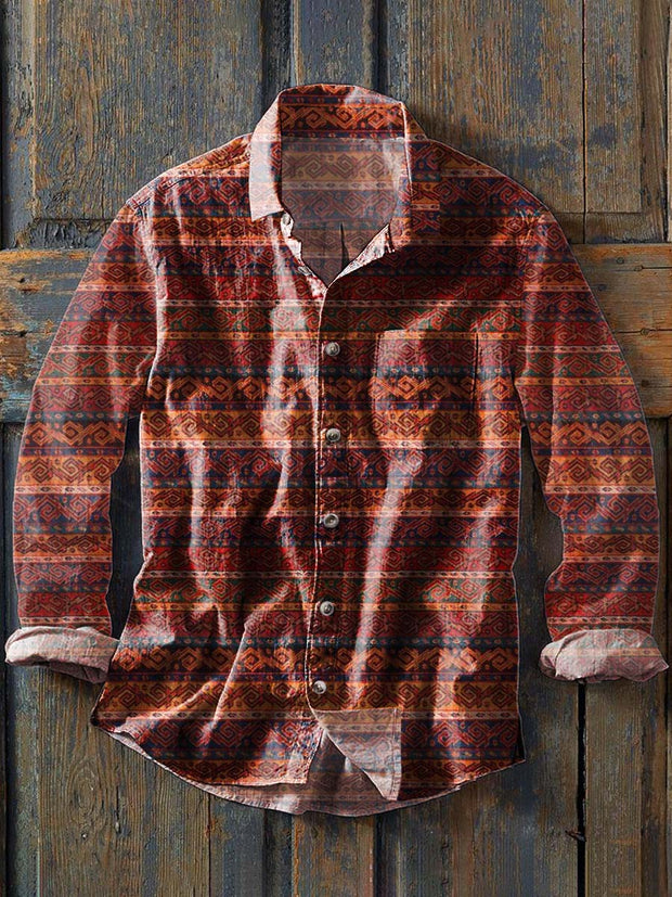 Men's Vintage Flower Western Pattern Printed Casual Lapel Long Sleeve Shirt