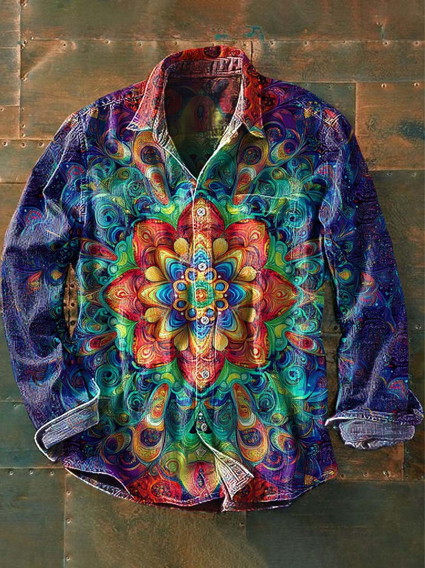 Men's Vintage Mandala Print Casual Lapel Long Sleeve Shirt