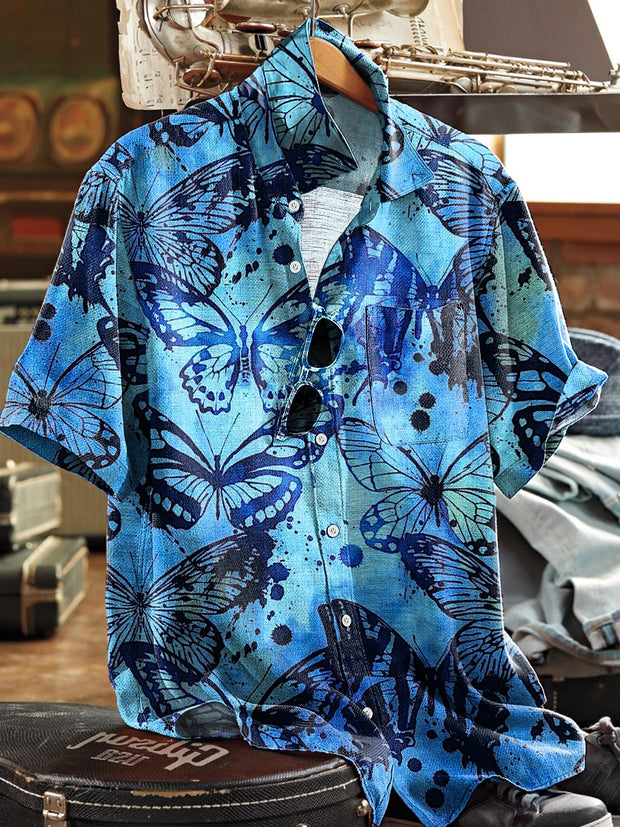 Men's Vintage Abstract Butterfly Art Print Lapel Short Sleeve Pocket Shirt