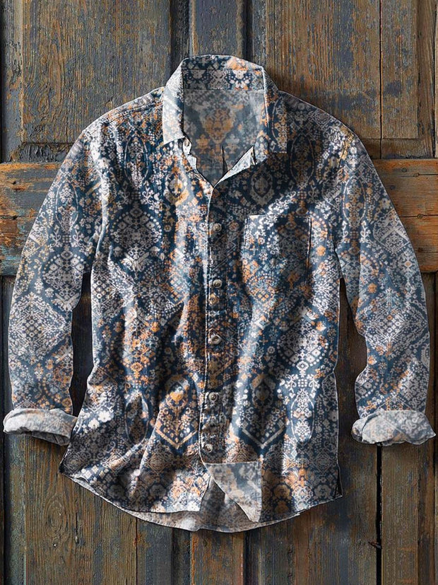 Men's Vintage Flower Western Pattern Printed Casual Lapel Long Sleeve Shirt