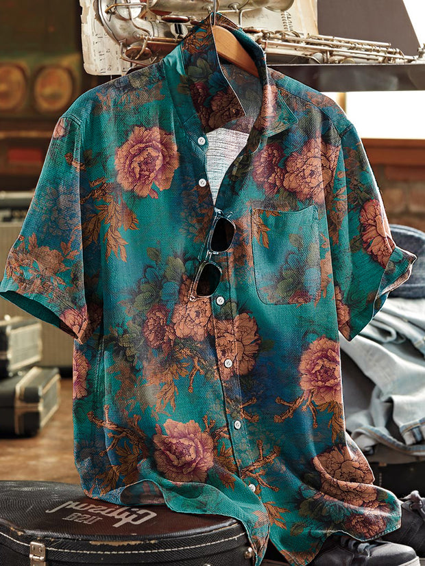 Men's Vintage Abstract Floral Art Print Lapel Short Sleeve Pocket Shirt